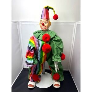 Vintage 17" Porcelain‎ Clown Doll Rainbow Outfit Red Pom Poms Sad Clown